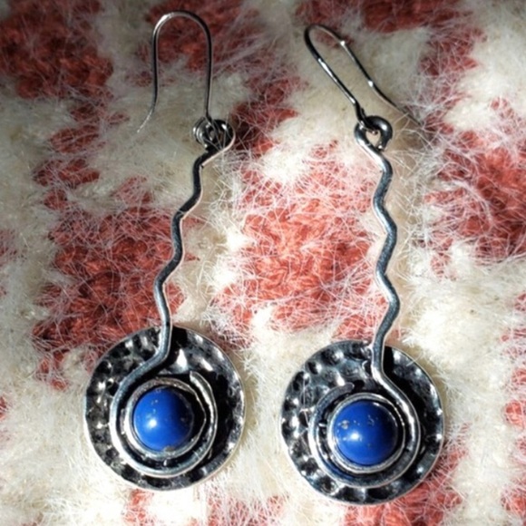 Lapis Lazuli Hammered Plate~ Tribal Ethnic Wavy Spiral Swirl Disc Platter Dangle - Picture 10 of 15